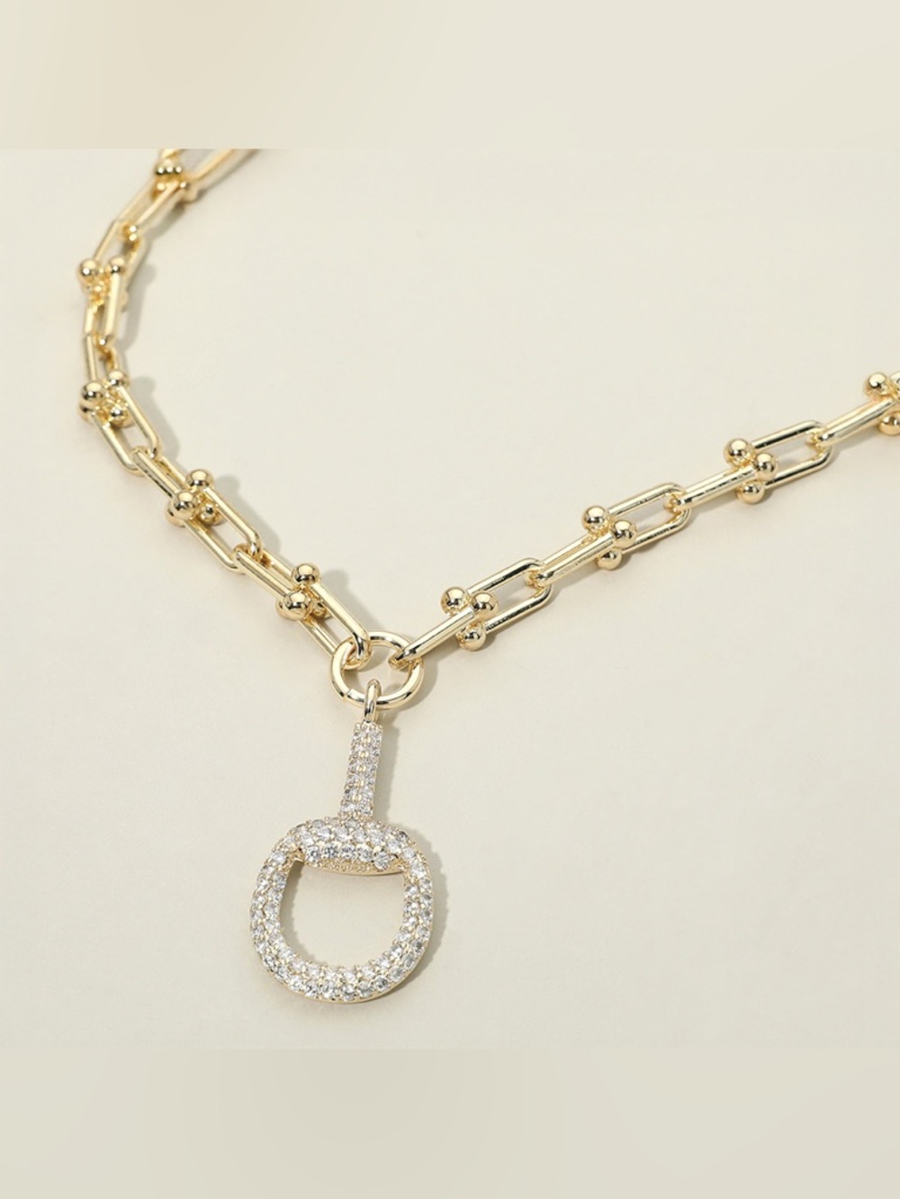 14K Gold Plated Chunky Industrial Chain CZ Pave Half Horsebit Pendant Necklace